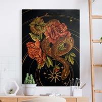 Bilderwelten Leinwandbild Gold Schlange mit Rosen Schwarz und Gold III