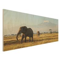 Bilderwelten Holzbild Natur & Landschaft - Panorama Elefanten vor dem Kilimanjaro in Kenya