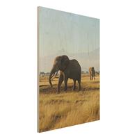 Bilderwelten Holzbild Natur & Landschaft - Hochformat 3:4 Elefanten vor dem Kilimanjaro in Kenya
