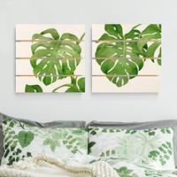 Bilderwelten 2-teiliges Holzbild Plankenoptik Blumen - Quadrat Monstera Aquarell