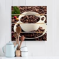 Bilderwelten Holzbild Plankenoptik KÃ¼che - Quadrat Kaffeetasse mit gerÃ¶steten Kaffeebohnen