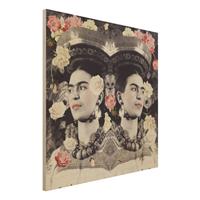 Bilderwelten Holzbild Portrait - Quadrat Frida Kahlo - Blumenflut