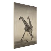 Bilderwelten Holzbild Schwarz-WeiÃŸ - Hochformat 3:4 Giraffenjagd