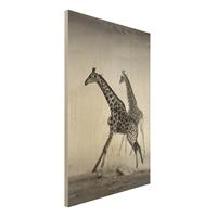 Bilderwelten Holzbild Schwarz-WeiÃŸ - Hochformat 2:3 Giraffenjagd