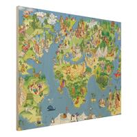 Bilderwelten Holzbild Weltkarte - Querformat 4:3 Great and Funny Worldmap