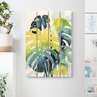 Bilderwelten Holzbild Plankenoptik Blumen - Hochformat Tropisches Blattwerk - Monstera