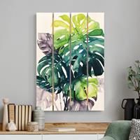 Bilderwelten Holzbild Plankenoptik Blumen - Hochformat Exotisches Blattwerk - Monstera