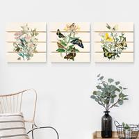 Bilderwelten 3-teiliges Holzbild Plankenoptik Blumen - Quadrat Britische Schmetterlinge Set I