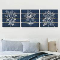 Bilderwelten 3-teiliges Holzbild Plankenoptik Blumen - Quadrat Denim Pflanzenstudie Set I