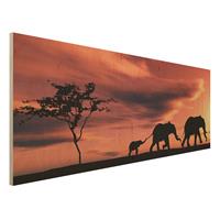 Bilderwelten Holzbild Natur & Landschaft - Panorama Savannah Elefant Family
