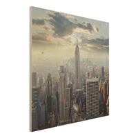 Bilderwelten Holzbild Architektur & Skyline - Quadrat Sonnenaufgang in New York