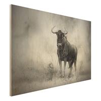 Bilderwelten Holzbild Tiere - Querformat 3:2 Staring Wildebeest