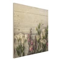 Bilderwelten Holzbild Blumen - Quadrat Tulpen-Rose Shabby Holzoptik