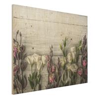 Bilderwelten Holzbild Blumen - Querformat 4:3 Tulpen-Rose Shabby Holzoptik
