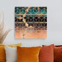 Bilderwelten Holzbild Plankenoptik Abstrakt - Quadrat TÃ¼rkis RosÃ© goldene Geometrie