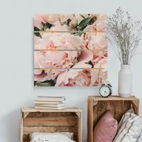 Bilderwelten Holzbild Plankenoptik Blumen - Quadrat Pfingstrosen Hellrosa