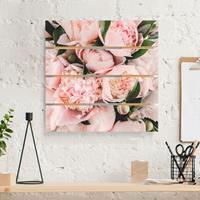 Bilderwelten Holzbild Plankenoptik Blumen - Quadrat Rosa Pfingstrosen mit BlÃttern
