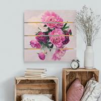Bilderwelten Holzbild Plankenoptik Blumen - Quadrat Pfingstrosen Shabby Rosa WeiÃŸ