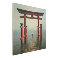 Bilderwelten Holzbild Rotes Torii am Ashi-See