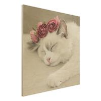 Bilderwelten Holzbild Schlafende Katze mit Rosen
