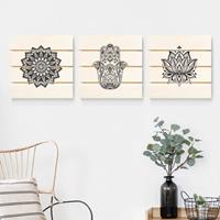 Bilderwelten 3-teiliges Holzbild Plankenoptik - Quadrat Mandala Hamsa Hand Lotus Set auf WeiÃŸ