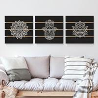 Bilderwelten 3-teiliges Holzbild Plankenoptik - Quadrat Mandala Hamsa Hand Lotus Set auf Schwarz