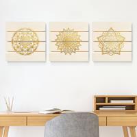 Bilderwelten 3-teiliges Holzbild Plankenoptik Kunstdruck - Quadrat Mandala BlÃ¼te Sonne Illustration Set Gold