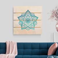 Bilderwelten Holzbild Plankenoptik Kunstdruck - Quadrat Mandala Hamsa Hand Lotus Set gold blau