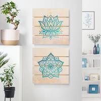 Bilderwelten 2-teiliges Holzbild Plankenoptik Kunstdruck - Quadrat Mandala Hamsa Hand Lotus Set gold blau