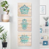 Bilderwelten 3-teiliges Holzbild Plankenoptik Kunstdruck - Quadrat Mandala Hamsa Hand Lotus Set gold blau