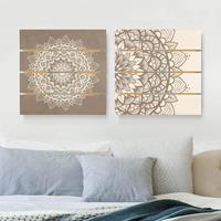 Bilderwelten 2-teiliges Holzbild Plankenoptik Kunstdruck - Quadrat Mandala Illustration shabby Set beige weiÃŸ