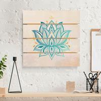 Bilderwelten Holzbild Plankenoptik - Quadrat Lotus Illustration Mandala gold blau