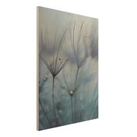 Bilderwelten Holzbild Blumen - Hochformat 3:4 Blaue Federn im Regen