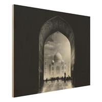 Bilderwelten Holzbild Schwarz-WeiÃŸ - Querformat 4:3 Das Tor zum Taj Mahal