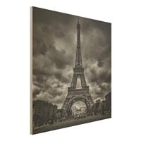 Bilderwelten Holzbild Schwarz-WeiÃŸ - Quadrat Eiffelturm vor Wolken schwarz-weiÃŸ