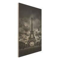 Bilderwelten Holzbild Schwarz-WeiÃŸ - Hochformat 2:3 Eiffelturm vor Wolken schwarz-weiÃŸ