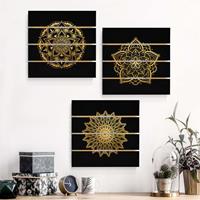 Bilderwelten 3-teiliges Holzbild Plankenoptik - Quadrat Mandala BlÃ¼te Sonne Illustration Set Schwarz Gold