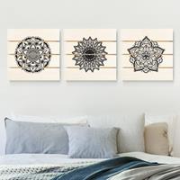 Bilderwelten 3-teiliges Holzbild Plankenoptik - Quadrat Mandala BlÃ¼te Sonne Illustration Set Schwarz WeiÃŸ