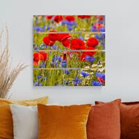 Bilderwelten Holzbild Plankenoptik Blumen - Quadrat Sommerwiese mit Mohn und Kornblumen