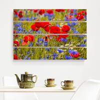 Bilderwelten Holzbild Plankenoptik Blumen - Querformat Sommerwiese mit Mohn und Kornblumen