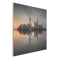 Bilderwelten Holzbild Architektur & Skyline - Quadrat Shanghai Skyline Morgenstimmung
