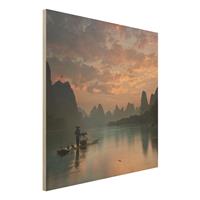 Bilderwelten Holzbild Natur & Landschaft - Quadrat Sonnenaufgang Ã¼ber chinesischem Fluss
