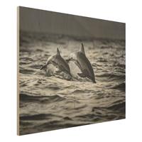 Bilderwelten Holzbild Schwarz-WeiÃŸ - Querformat 4:3 Zwei springende Delfine