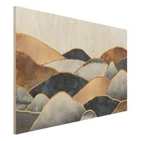Bilderwelten Holzbild Abstrakt - Querformat 3:2 Goldene Berge Aquarell