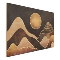 Bilderwelten Holzbild Abstrakt - Querformat 3:2 Goldene Sonne abstrakte Berge