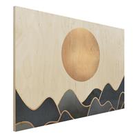 Bilderwelten Holzbild Abstrakt - Querformat 3:2 Goldene Sonne blaue Wellen