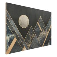 Bilderwelten Holzbild Abstrakt - Querformat 3:2 Goldener Mond abstrakte schwarze Berge