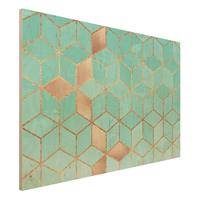 Bilderwelten Holzbild Abstrakt - Querformat 3:2 TÃ¼rkis WeiÃŸ goldene Geometrie