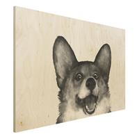 Bilderwelten Holzbild Tiere - Querformat 3:2 Illustration Hund Corgi WeiÃŸ Schwarz Malerei
