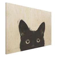 Bilderwelten Holzbild Tiere - Querformat 3:2 Illustration Schwarze Katze auf WeiÃŸ Malerei